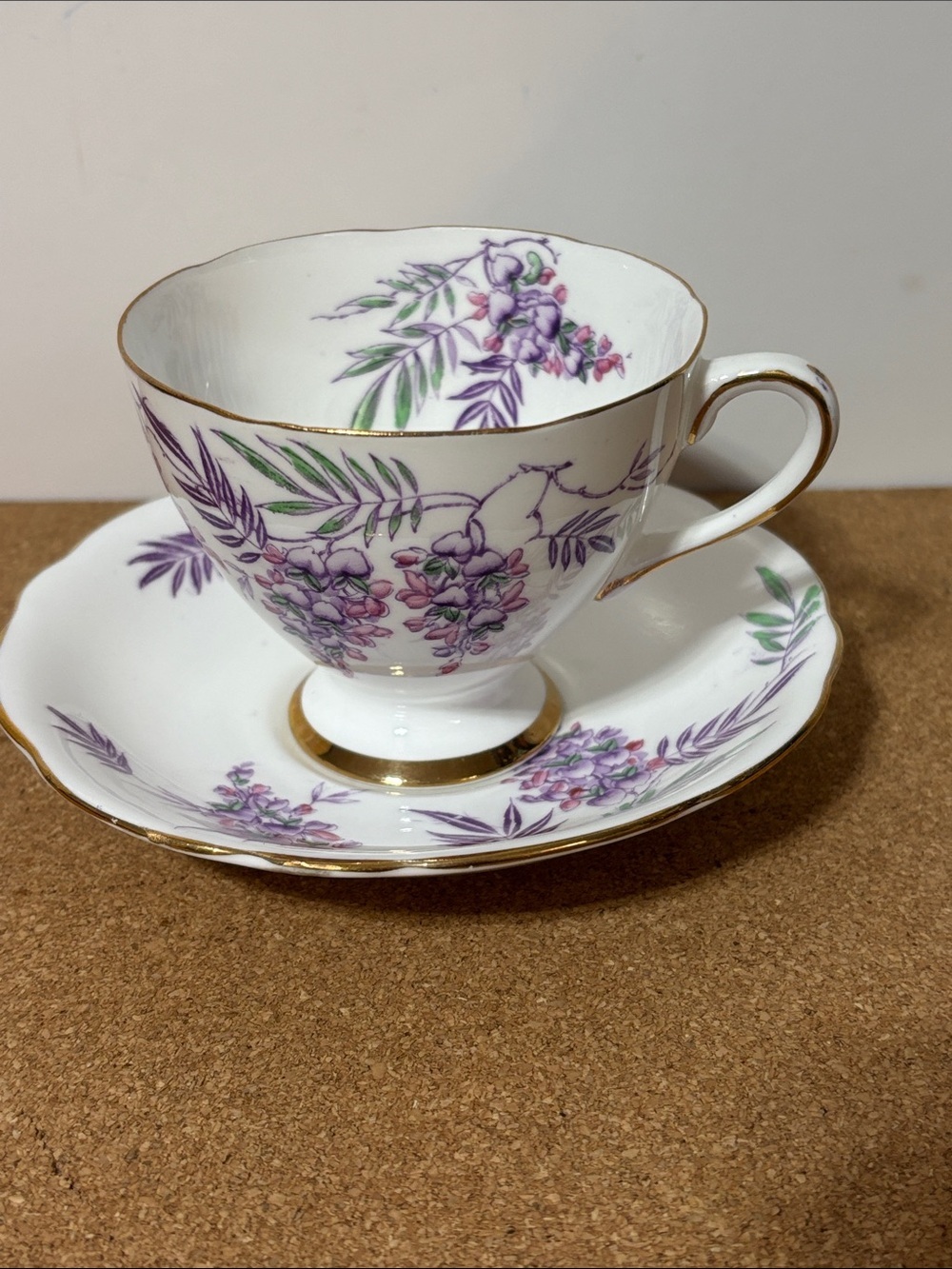 Gladstone Purple Floral Teacup & Saucer with Gold Trim